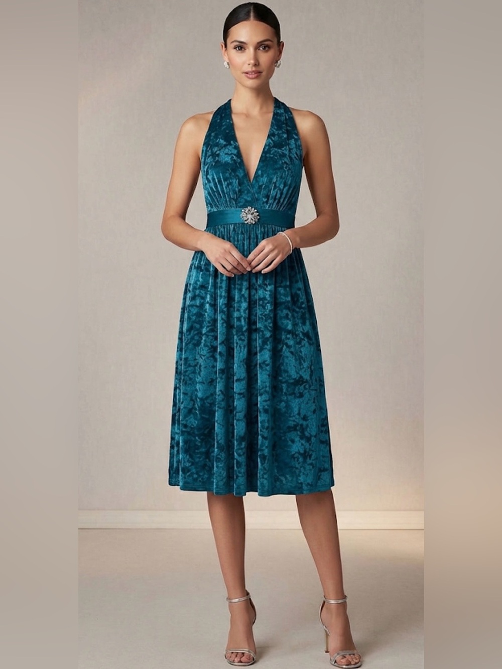 Heart Moon Star Y2K pleated halter dress teal crushed velvet brooch waist M